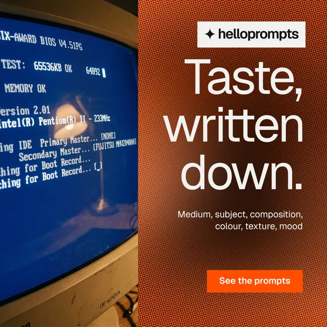 Instagram post for HelloPrompts: "Taste, written down." Swiss style, right layout, dark palette in orange, blue, red.