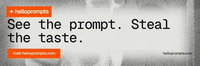 X header for HelloPrompts: "See the prompt. Steal the taste." Split block style, poster layout, light palette in grey, white, orange.