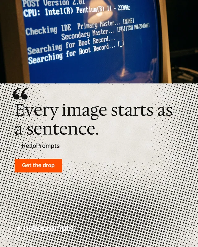 Instagram portrait post for HelloPrompts: "The sentence behind the image." Swiss style, quote layout, light palette in grey, blue, yellow.