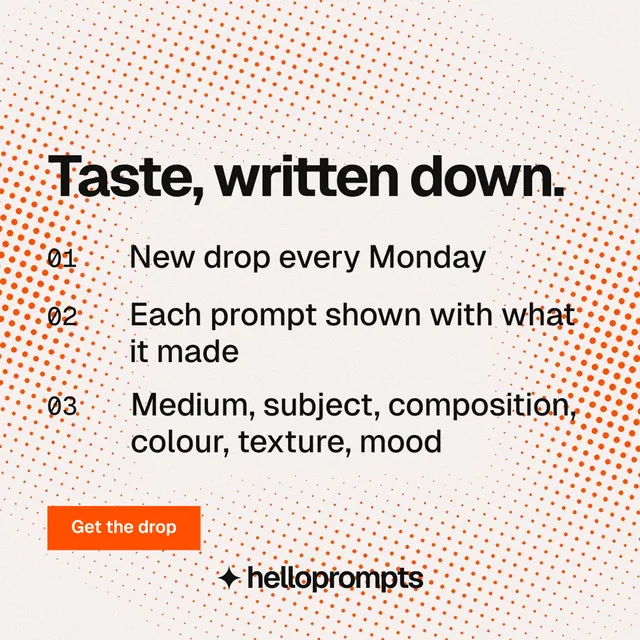 Instagram post for HelloPrompts: "Taste, written down." Split block style, numbered layout, light palette in orange, white.