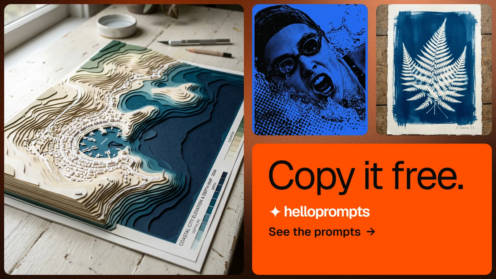Landscape graphic for HelloPrompts: "Copy it free." Agentic glass style, collage layout, light palette in blue, orange, grey.