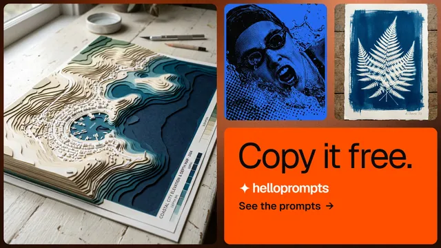 Landscape graphic for HelloPrompts: "Copy it free." Agentic glass style, collage layout, light palette in blue, orange, grey.