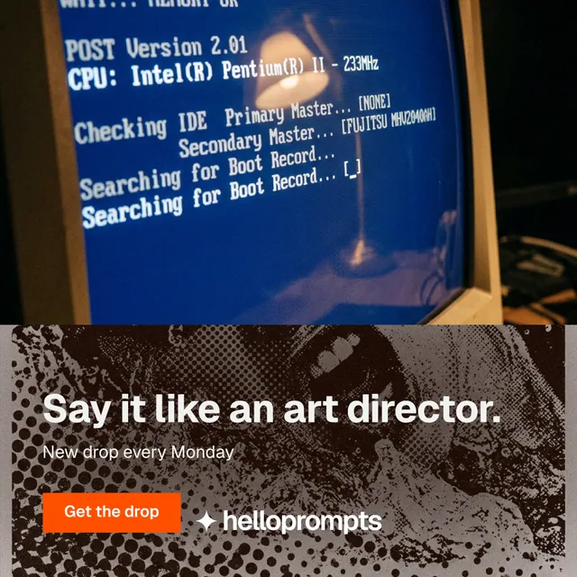 Instagram post for HelloPrompts: "Say it like an art director." Swiss style, bottom layout, dark palette in orange, blue, grey.