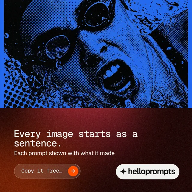 Instagram post for HelloPrompts: "Every image starts as a sentence." Agentic glass style, bottom layout, dark palette in blue, red, black.