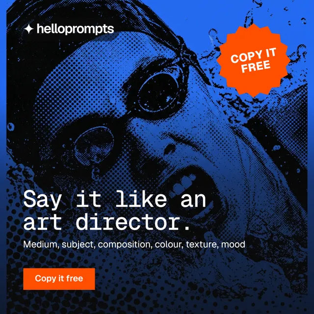Instagram post for HelloPrompts: "Say it like an art director." Swiss style, sticker layout, dark palette in blue, black.