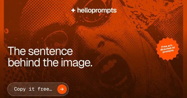 Social ad for HelloPrompts: "The sentence behind the image." Agentic glass style, sticker layout, dark palette in orange, brown.