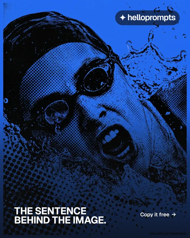 Instagram portrait post for HelloPrompts: "The sentence behind the image." Swiss style, image led layout, dark palette in blue, black.