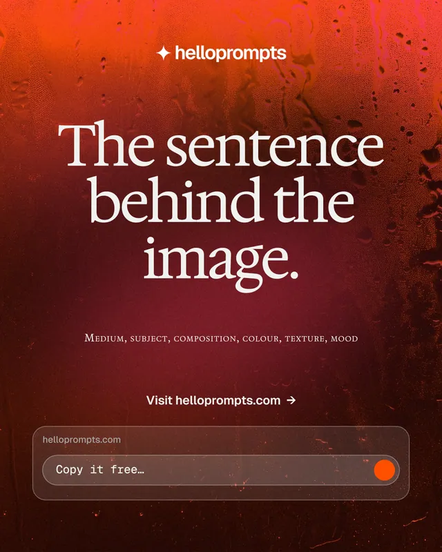 Instagram portrait post for HelloPrompts: "The sentence behind the image." Swiss style, smallcaps layout, dark palette in red.