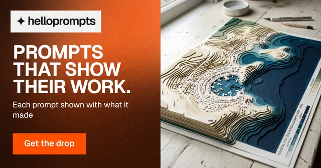 Social ad for HelloPrompts: "Prompts that show their work." Swiss style, bottom layout, light palette in white, black, grey.