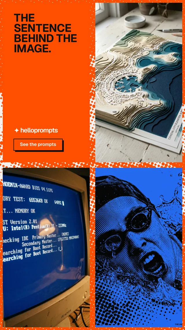 Instagram story for HelloPrompts: "The sentence behind the image." Brutalist style, collage layout, dark palette in red, blue, grey.