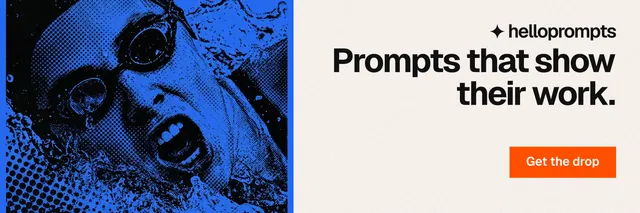 X header for HelloPrompts: "Prompts that show their work." Swiss style, right layout, light palette in white, blue.