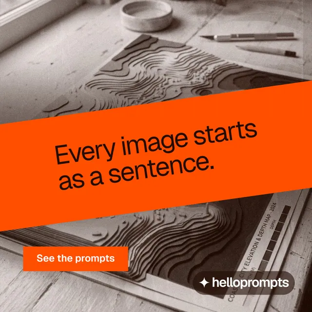 Instagram post for HelloPrompts: "Every image starts as a sentence." Swiss style, diagonal layout, light palette in orange, grey.