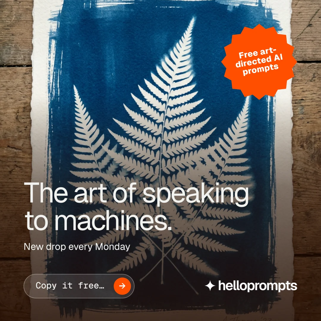 Instagram post for HelloPrompts: "The art of speaking to machines." Agentic glass style, sticker layout, dark palette in orange, blue, grey.