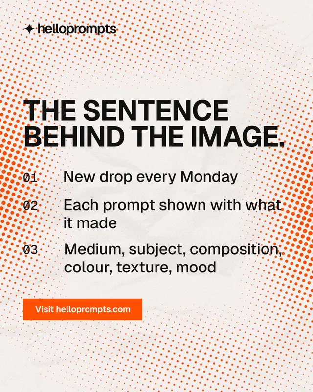 Instagram portrait post for HelloPrompts: "The sentence behind the image." Swiss style, numbered layout, light palette in orange, white.