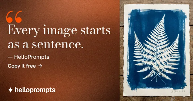 Social ad for HelloPrompts: "Copy it free." Minimal luxury style, quote layout, dark palette in orange, black, grey.