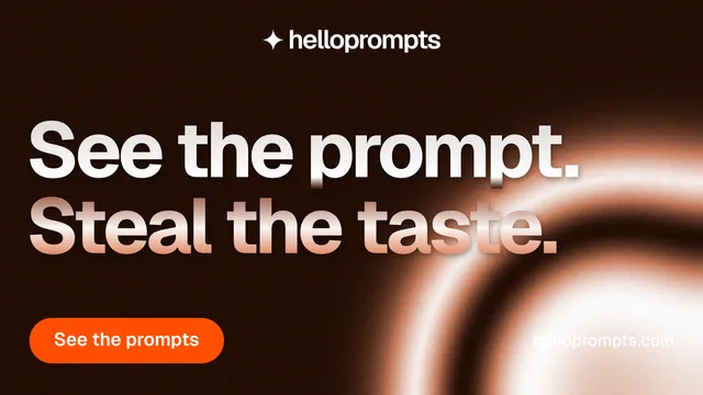 Landscape graphic for HelloPrompts: "See the prompt. Steal the taste." Y2K style, poster layout, dark palette in black, orange.
