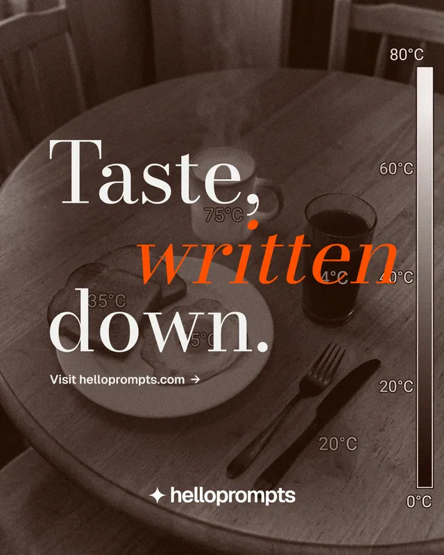 Instagram portrait post for HelloPrompts: "Taste, written down." Minimal luxury style, stacked layout, dark palette in orange, grey.