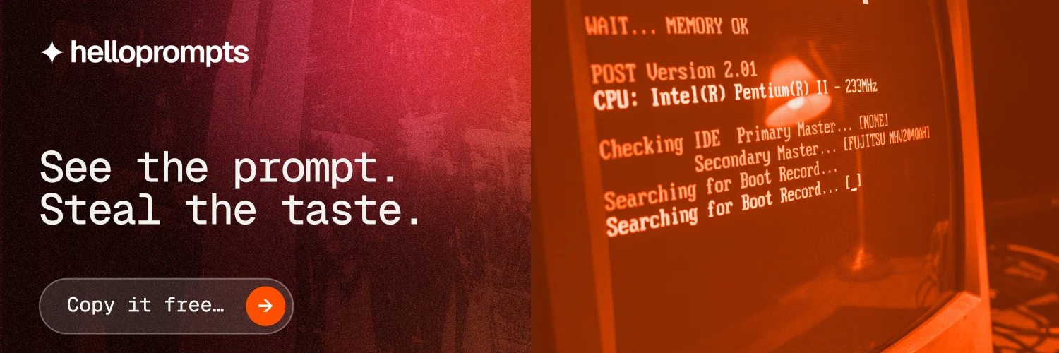 X header for HelloPrompts: "See the prompt. Steal the taste." Agentic glass style, bottom layout, dark palette in red, black, orange.