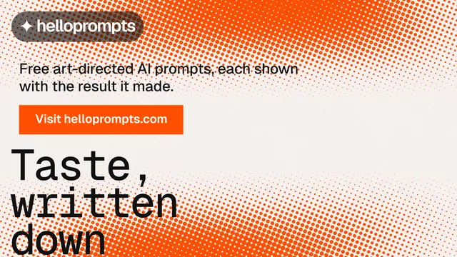 Landscape graphic for HelloPrompts: "The art of speaking to machines." Split block style, oversized layout, light palette in orange, white.