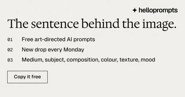 Social ad for HelloPrompts: "The sentence behind the image." Editorial style, numbered layout, light palette in white, grey.