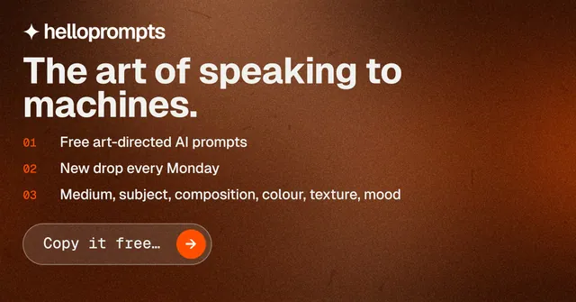 Social ad for HelloPrompts: "The art of speaking to machines." Agentic glass style, numbered layout, dark palette in orange.