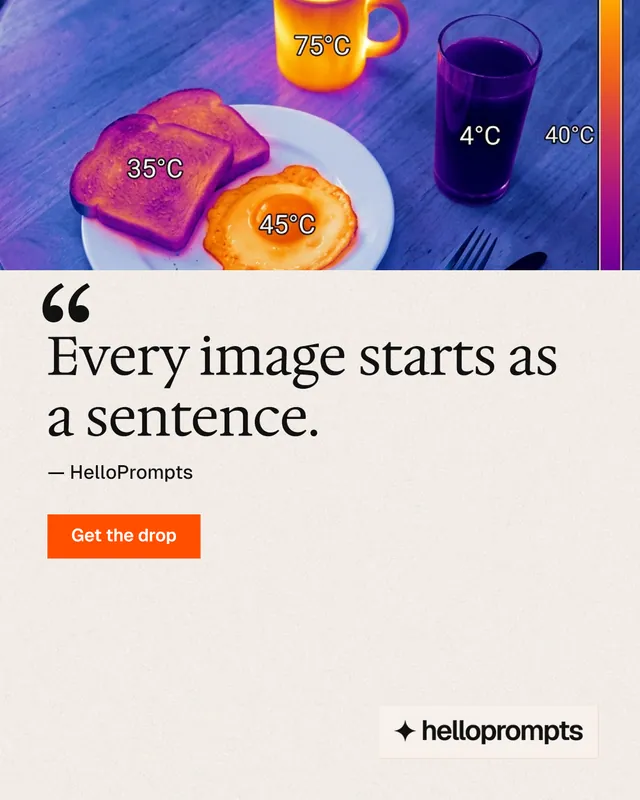 Instagram portrait post for HelloPrompts: "Every image starts as a sentence." Swiss style, quote layout, light palette in white, purple, grey.