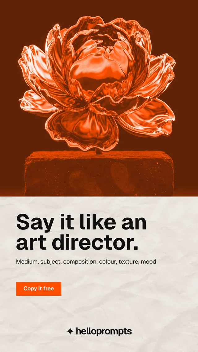 Instagram story for HelloPrompts: "Say it like an art director." Retro print style, bottom layout, light palette in orange.