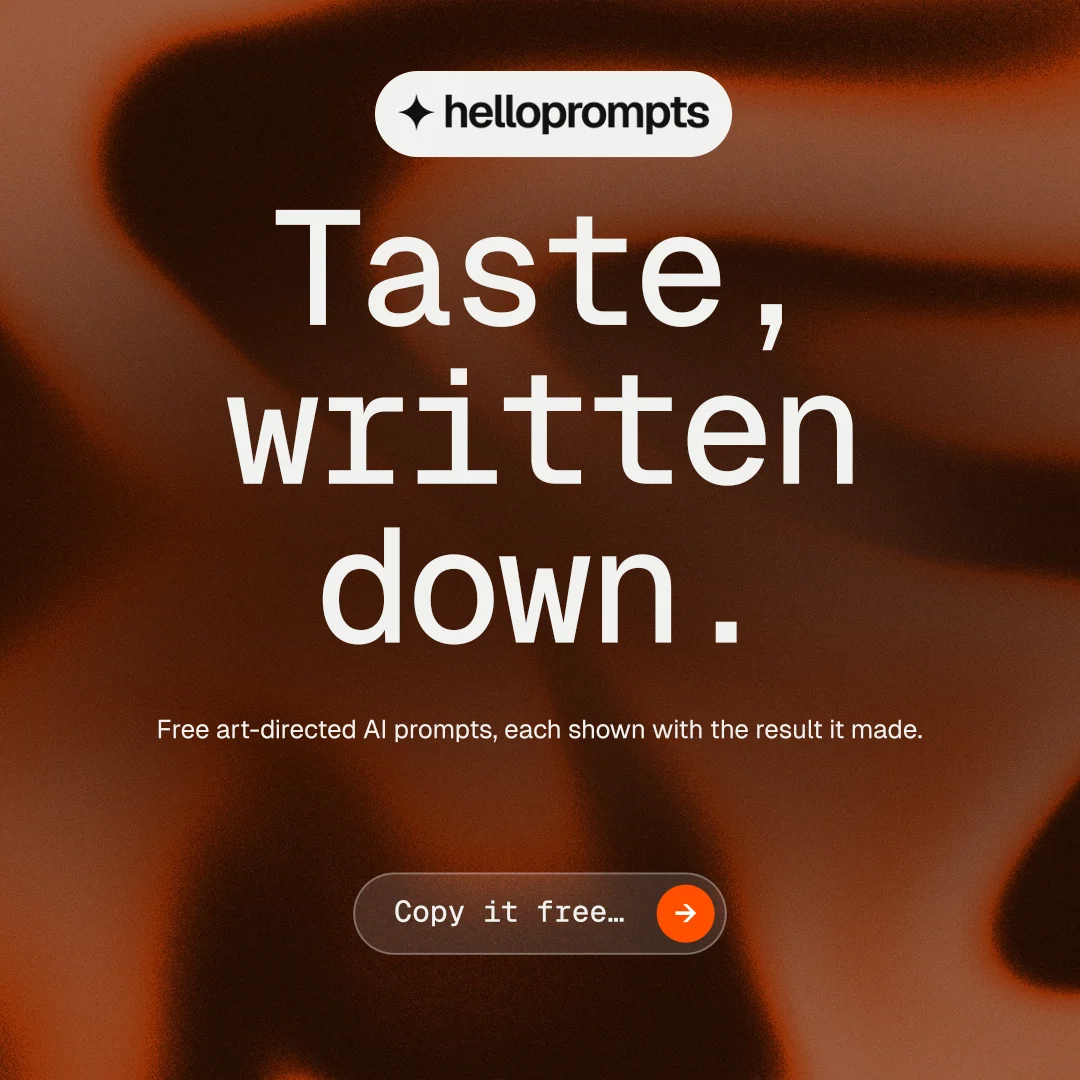 Instagram post for HelloPrompts: "Taste, written down." Agentic glass style, centred layout, dark palette in orange, black.