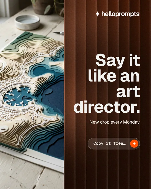 Instagram portrait post for HelloPrompts: "Say it like an art director." Agentic glass style, right layout, dark palette in grey, black, orange.