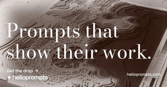 Social ad for HelloPrompts: "Prompts that show their work." Minimal luxury style, poster layout, dark palette in orange, grey.