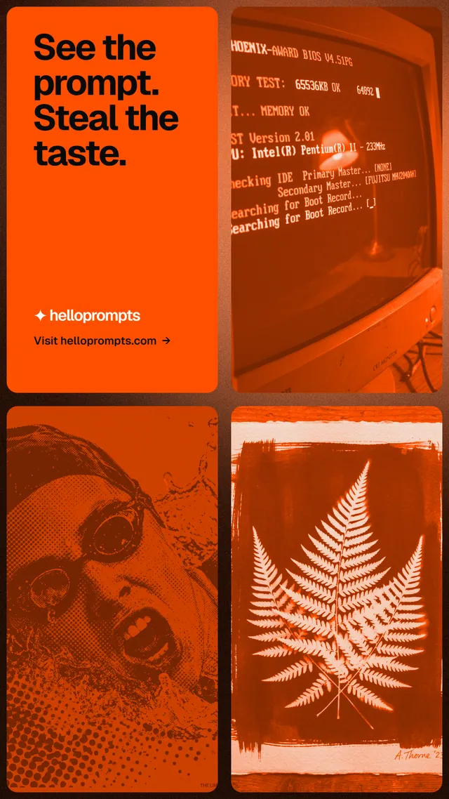 Instagram story for HelloPrompts: "See the prompt. Steal the taste." Agentic glass style, collage layout, dark palette in orange.