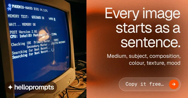 Social ad for HelloPrompts: "Every image starts as a sentence." Agentic glass style, right layout, dark palette in orange, blue.