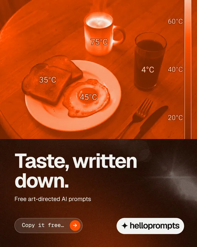 Instagram portrait post for HelloPrompts: "Taste, written down." Agentic glass style, bottom layout, dark palette in orange, black.
