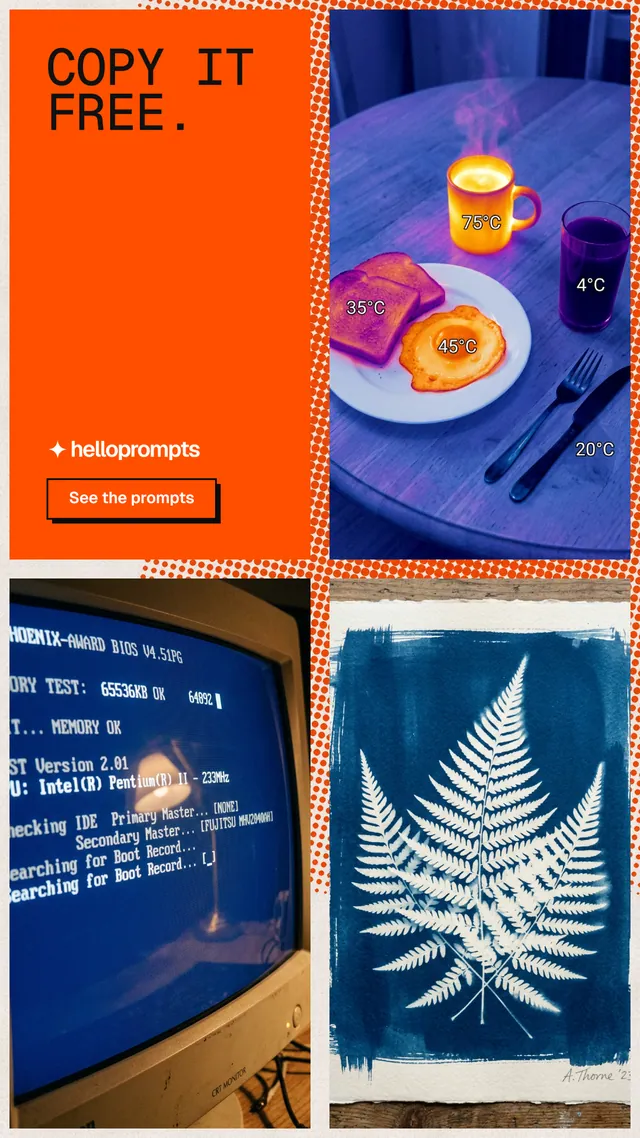 Instagram story for HelloPrompts: "Copy it free." Brutalist style, collage layout, dark palette in blue, red, orange.