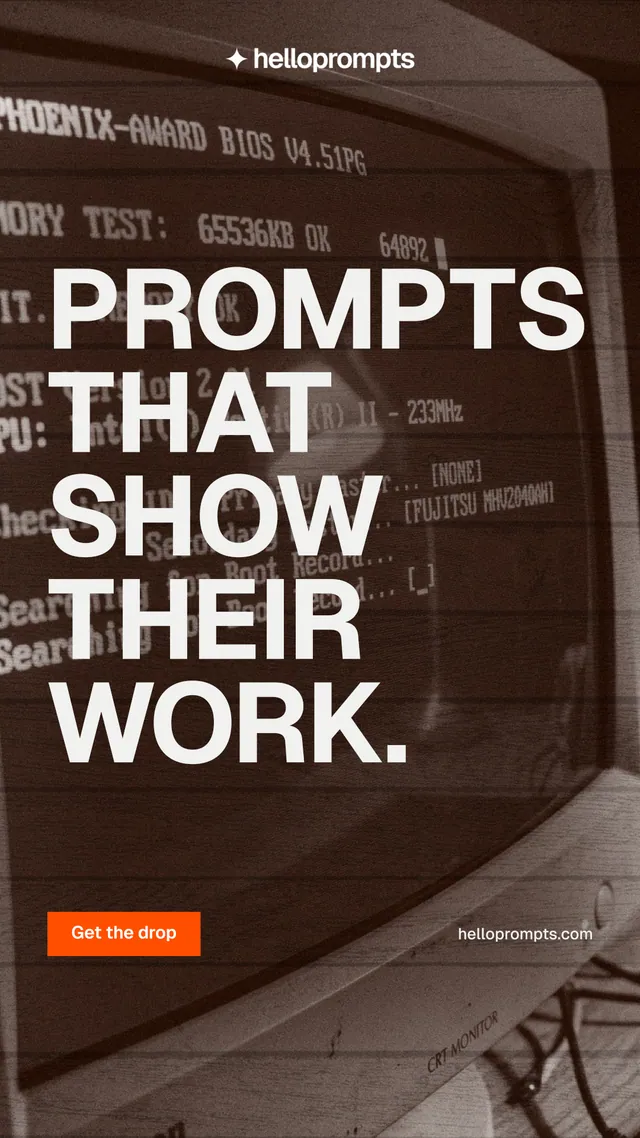 Instagram story for HelloPrompts: "Prompts that show their work." Swiss style, poster layout, dark palette in orange, grey, black.