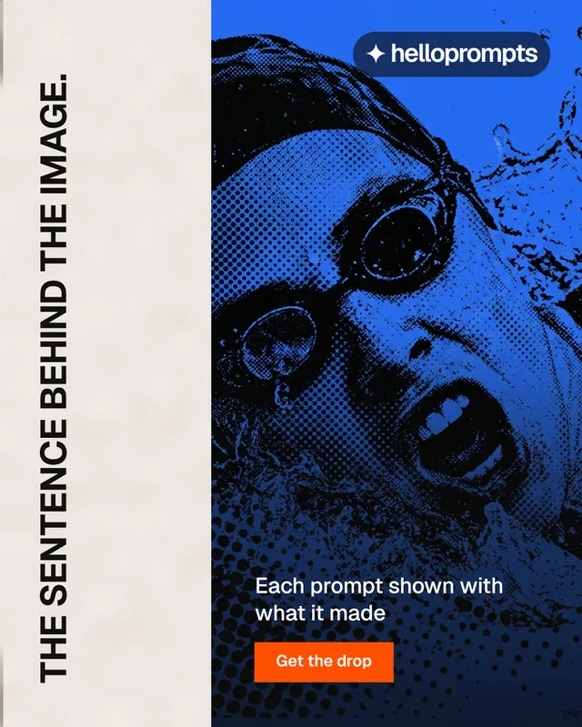 Instagram portrait post for HelloPrompts: "The sentence behind the image." Swiss style, vertical layout, light palette in black, blue, orange.