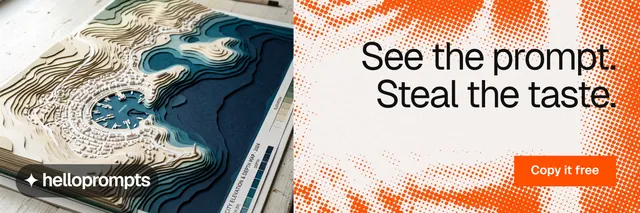 X header for HelloPrompts: "See the prompt. Steal the taste." Swiss style, right layout, light palette in orange, white.