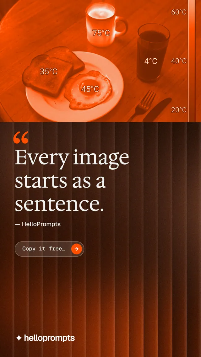 Instagram story for HelloPrompts: "Every image starts as a sentence." Agentic glass style, quote layout, dark palette in orange, brown.