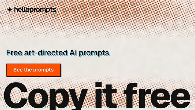 Landscape graphic for HelloPrompts: "The art of speaking to machines." Brutalist style, oversized layout, light palette in orange.