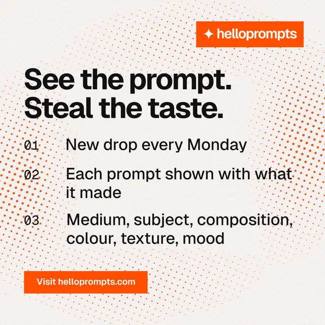 Instagram post for HelloPrompts: "See the prompt. Steal the taste." Swiss style, numbered layout, light palette in white, orange.