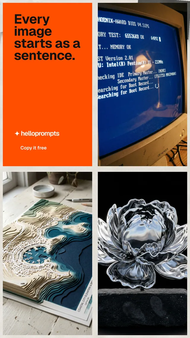 Instagram story for HelloPrompts: "Every image starts as a sentence." Swiss style, collage layout, dark palette in black, brown, grey.