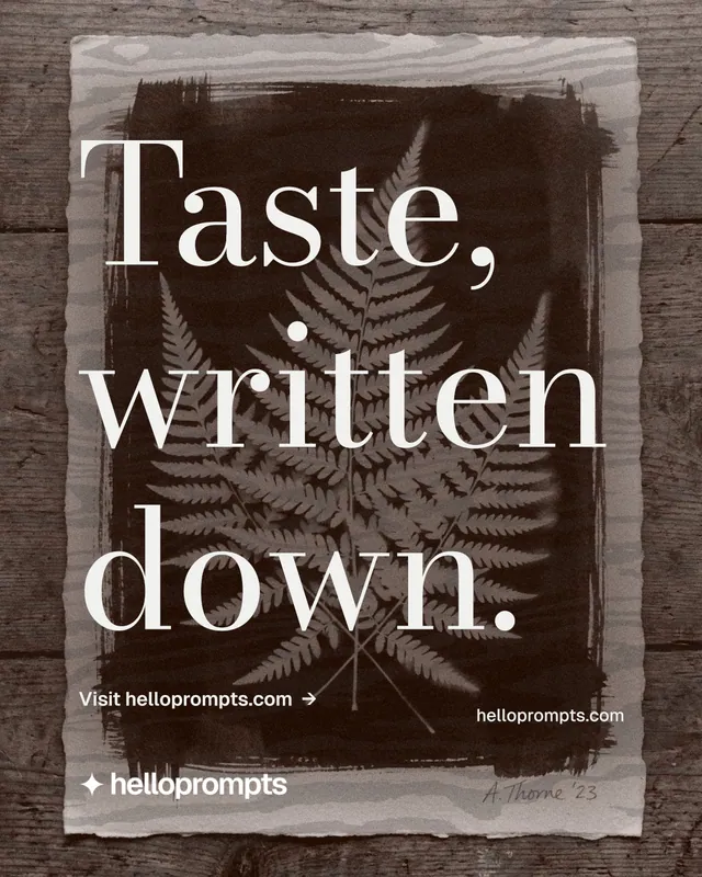 Instagram portrait post for HelloPrompts: "Taste, written down." Minimal luxury style, poster layout, dark palette in orange, black, grey.