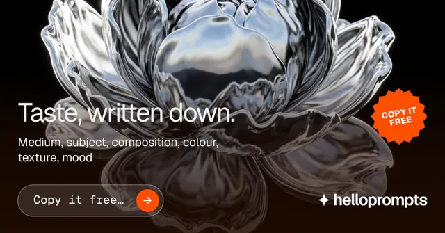Social ad for HelloPrompts: "Taste, written down." Agentic glass style, sticker layout, dark palette in black, grey, orange.