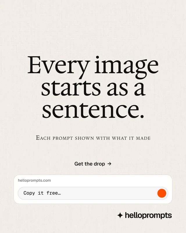 Instagram portrait post for HelloPrompts: "Every image starts as a sentence." Swiss style, smallcaps layout, light palette in white.