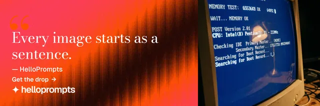X header for HelloPrompts: "Prompts that show their work." Minimal luxury style, quote layout, dark palette in orange, blue, red.