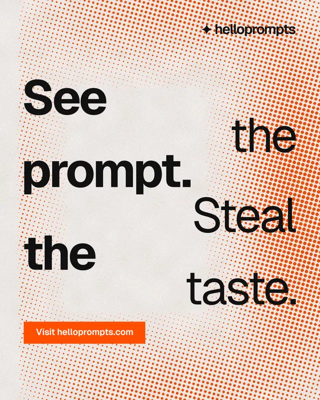 Instagram portrait post for HelloPrompts: "See the prompt. Steal the taste." Swiss style, stacked layout, light palette in orange.