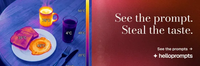 X header for HelloPrompts: "See the prompt. Steal the taste." Minimal luxury style, right layout, dark palette in red, blue, purple.