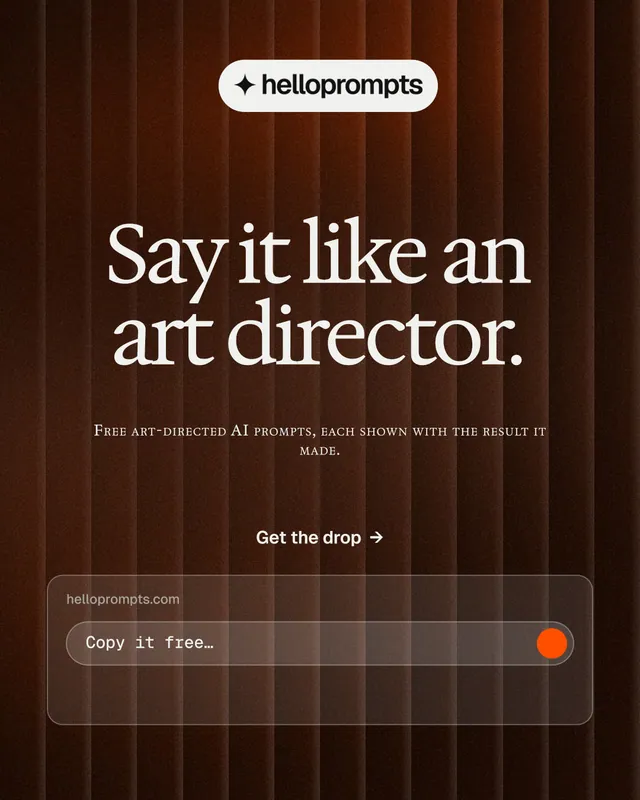 Instagram portrait post for HelloPrompts: "Say it like an art director." Agentic glass style, smallcaps layout, dark palette in orange, black, grey.