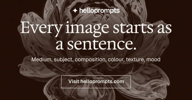 Social ad for HelloPrompts: "Every image starts as a sentence." Editorial style, centred layout, dark palette in black, orange, grey.