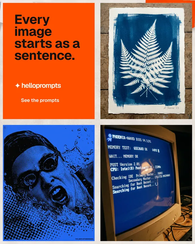 Instagram portrait post for HelloPrompts: "Every image starts as a sentence." Swiss style, collage layout, dark palette in blue, red, white.